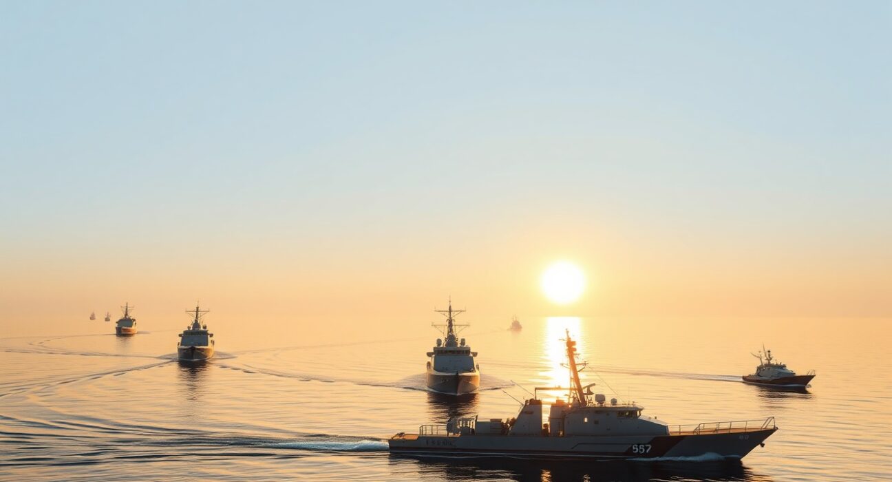 Naval vessels patrol the Red Sea at dawn as Saudi Arabia announces a new maritime defence alliance.