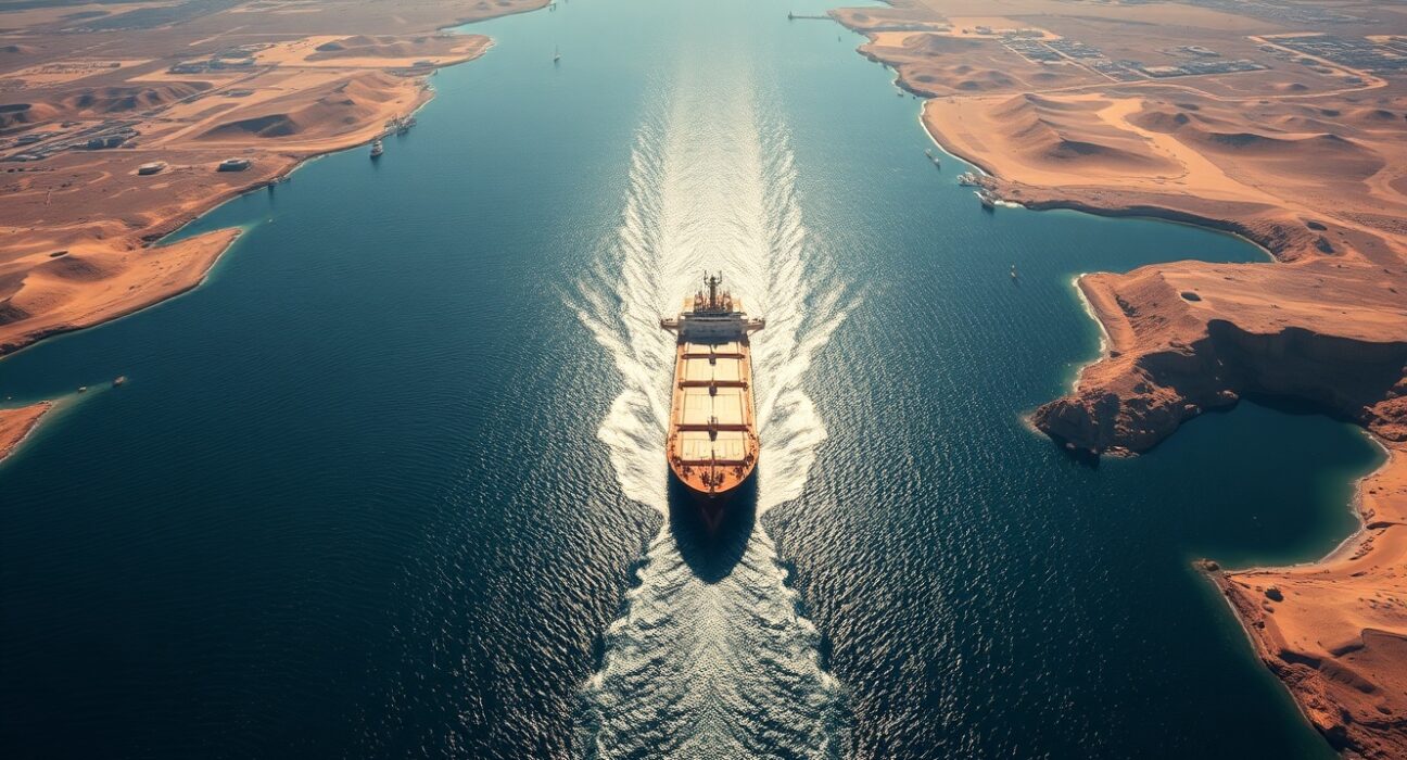 Oil tanker navigating the strategic Strait of Hormuz during Saudi Arabia production cuts.