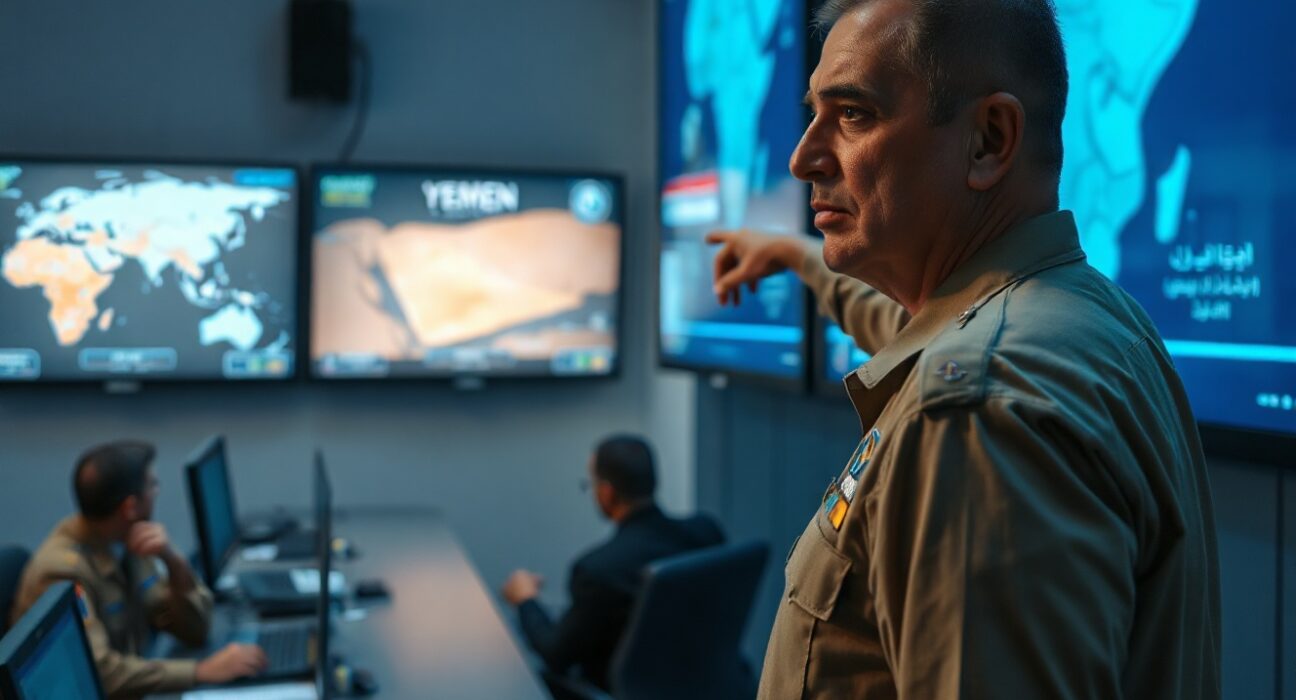 Saudi military officers monitoring Houthi targets in a command center
