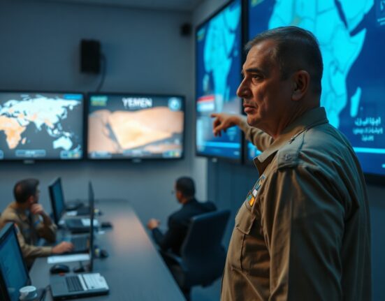 Saudi military officers monitoring Houthi targets in a command center