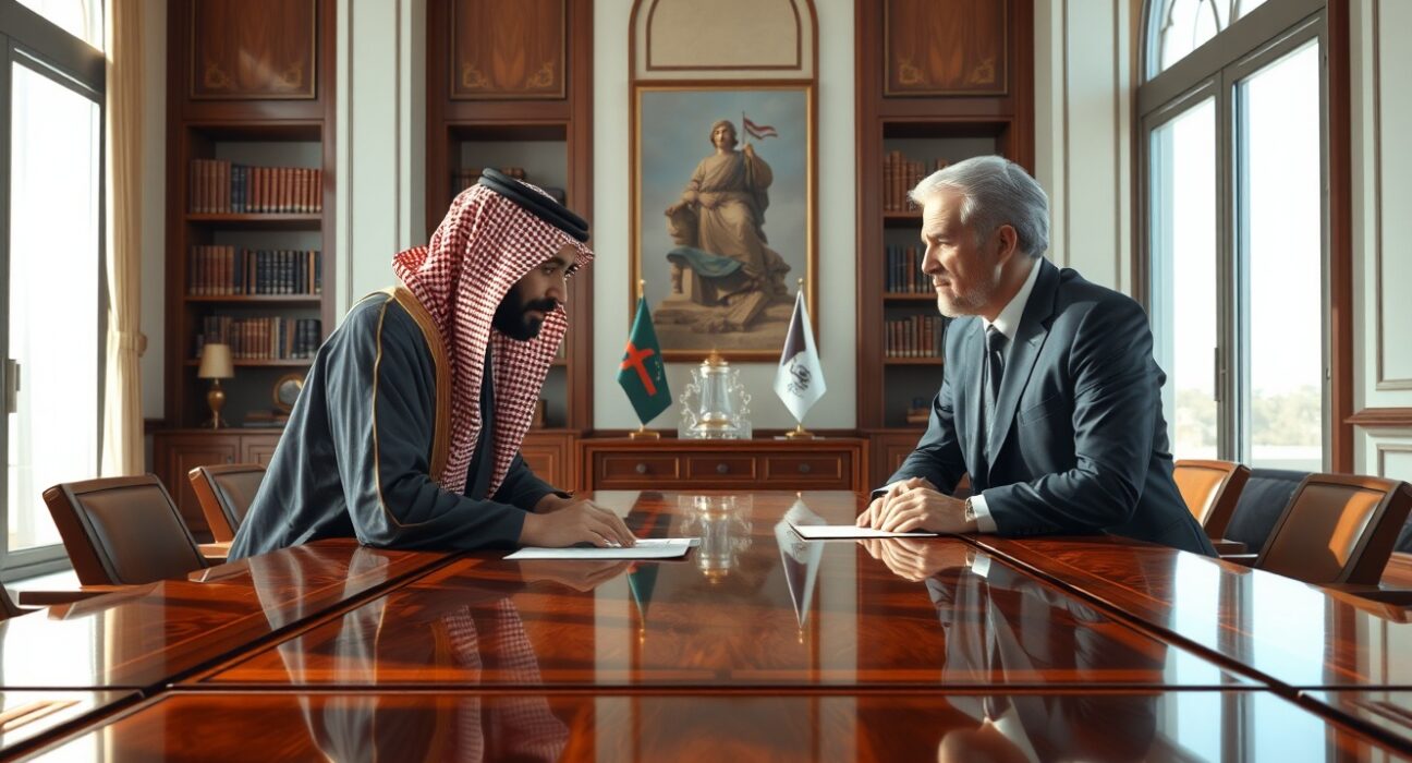 Saudi Crown Prince Mohammed bin Salman discussing Middle East policy with US President Donald Trump in diplomatic meeting