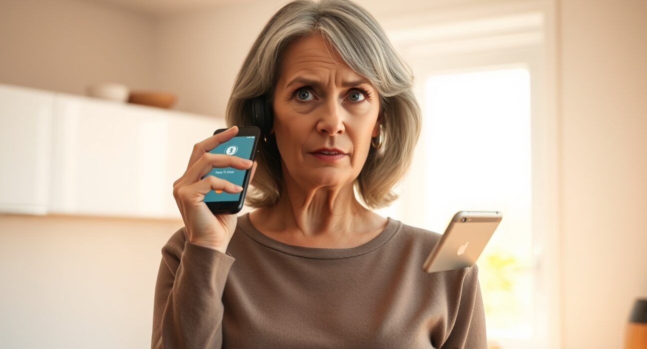 Woman looking concerned while holding a smartphone during an AI scam awareness story