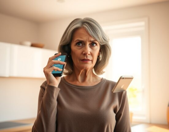 Woman looking concerned while holding a smartphone during an AI scam awareness story