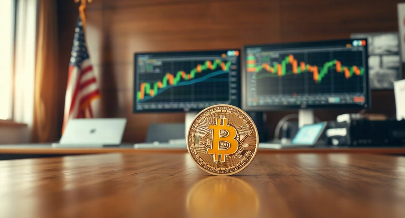 Bitcoin coin on a desk in a financial office, symbolizing its role as a scarce non-sovereign asset.