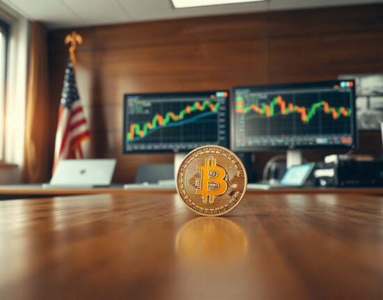 Bitcoin coin on a desk in a financial office, symbolizing its role as a scarce non-sovereign asset.