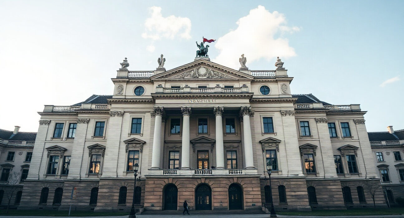 Saxon State Chancellery in Dresden, symbol of Saxony's economy, on a clear day.