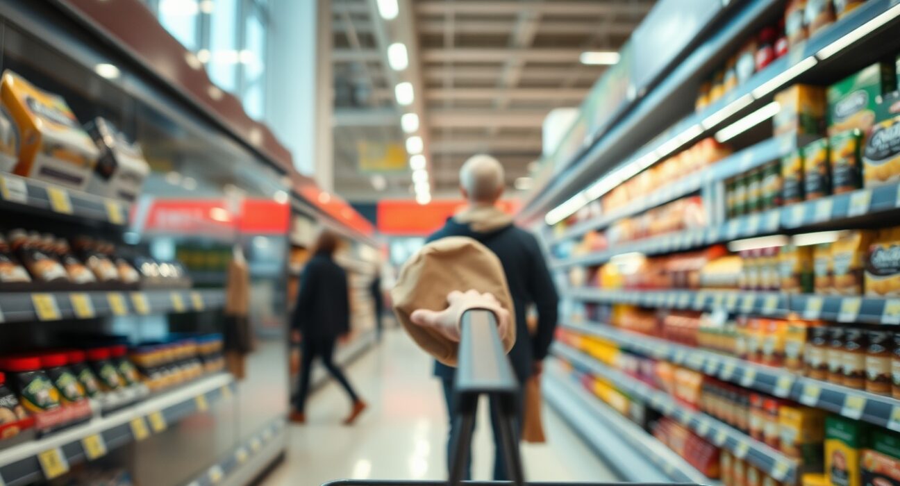Shopper in a grocery store in Saxony, Germany, looking at price tags, representing CPI data.