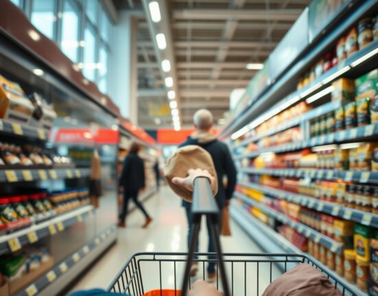 Shopper in a grocery store in Saxony, Germany, looking at price tags, representing CPI data.