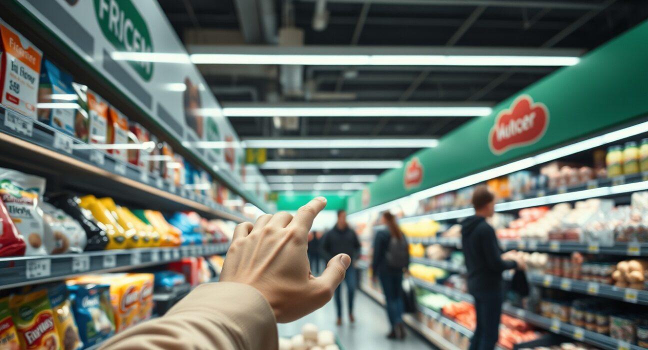 Shopper looking at price tags in a grocery store in Saxony, Germany, representing regional inflation data.