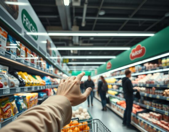 Shopper looking at price tags in a grocery store in Saxony, Germany, representing regional inflation data.