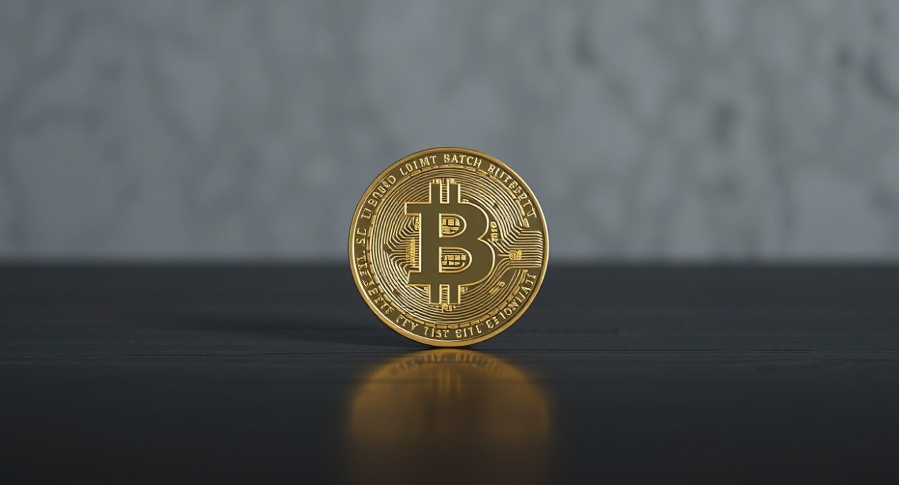 Bitcoin coin on dark wooden surface with soft lighting