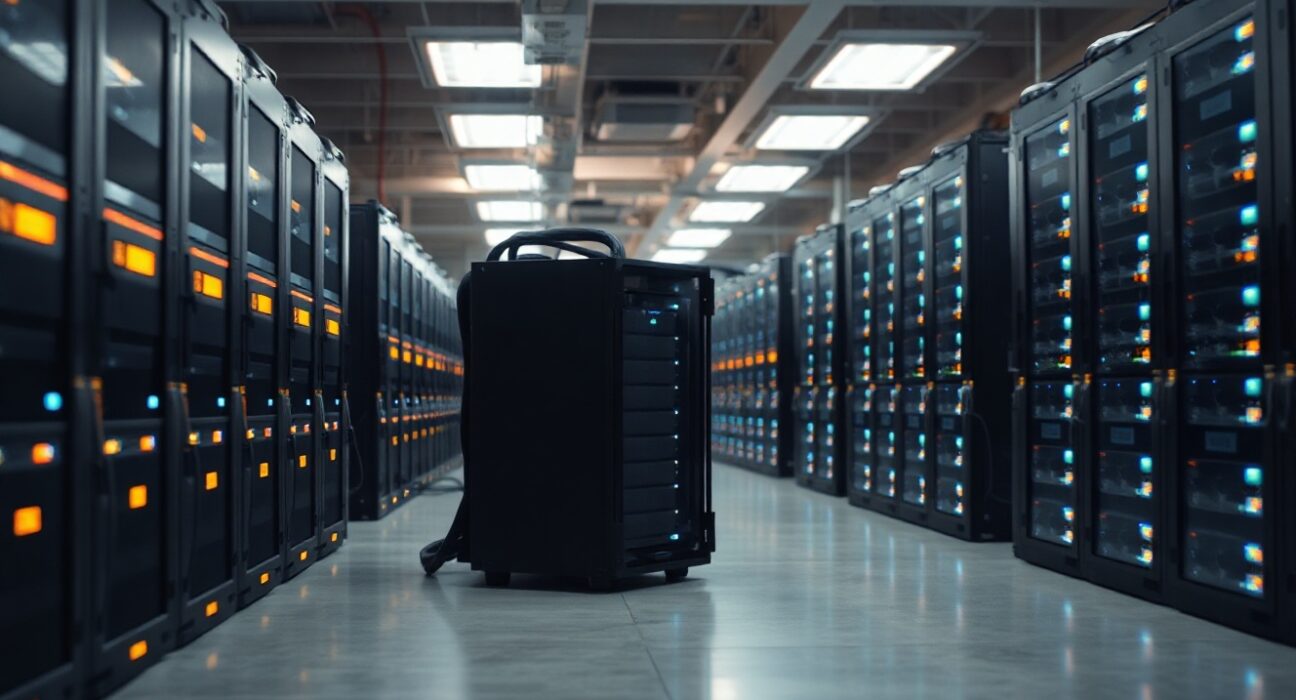 Rows of Bitcoin mining rigs in a modern data center with LED lights