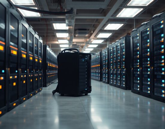 Rows of Bitcoin mining rigs in a modern data center with LED lights