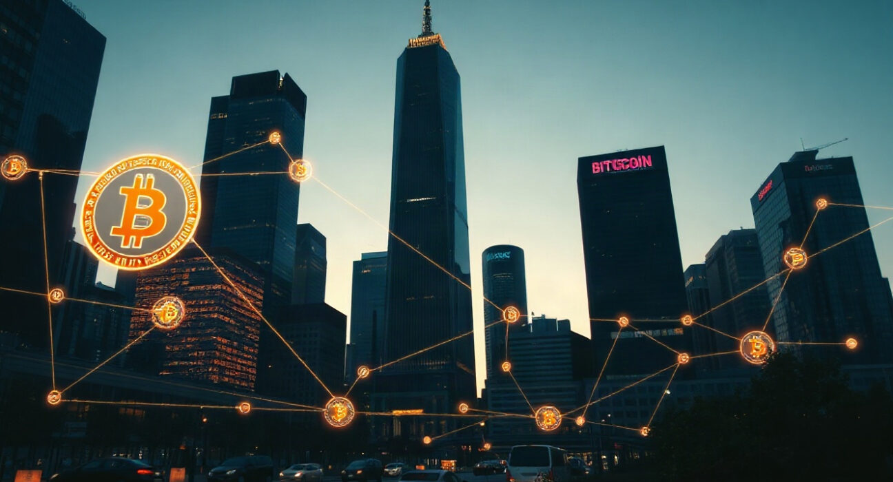 Bitcoin symbols over a modern financial district skyline at dusk
