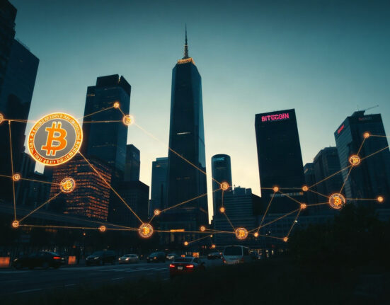 Bitcoin symbols over a modern financial district skyline at dusk