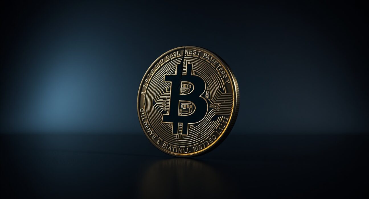 Bitcoin coin with a crack symbolizing internal network risk and governance conflict