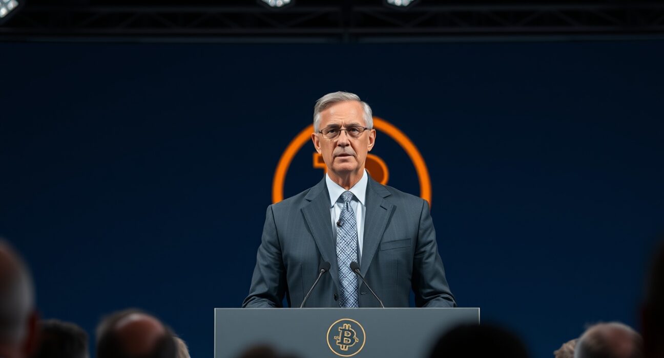 Michael Saylor speaking at a financial conference about Bitcoin's future
