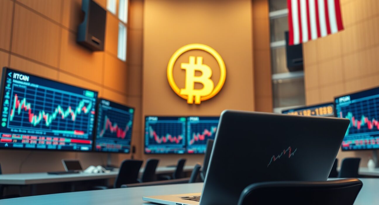 Professional trading floor with Bitcoin charts and American flag motif representing CFTC regulation