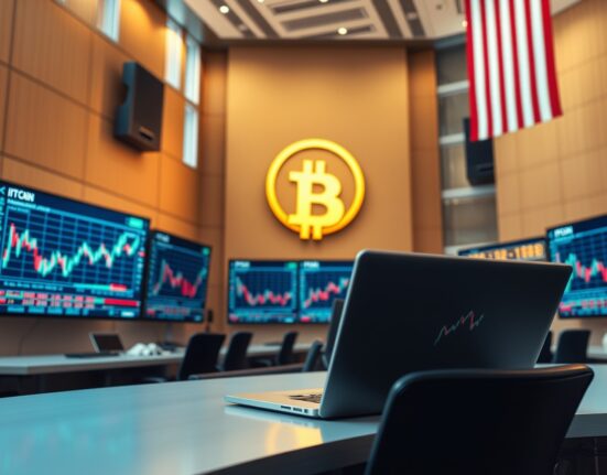 Professional trading floor with Bitcoin charts and American flag motif representing CFTC regulation