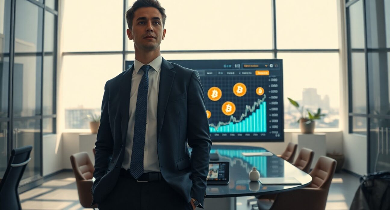Michael Saylor in a boardroom pointing at a screen showing Bitcoin and stock charts