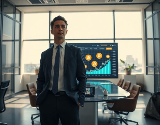 Michael Saylor in a boardroom pointing at a screen showing Bitcoin and stock charts