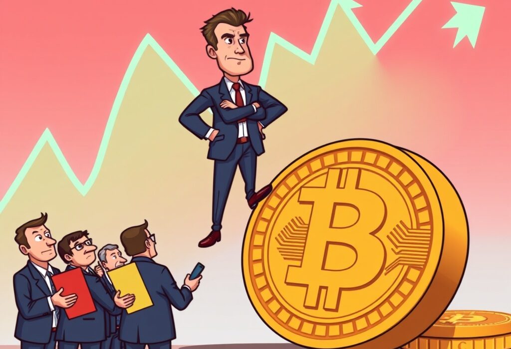 Michael Saylor Crypto: A confident figure on a Bitcoin coin illustrates Wall Street underestimating digital asset potential.