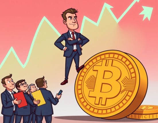 Michael Saylor Crypto: A confident figure on a Bitcoin coin illustrates Wall Street underestimating digital asset potential.