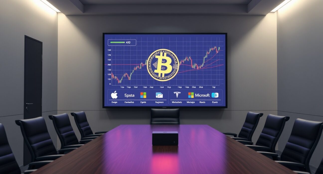 Corporate boardroom with Bitcoin chart and tech company logos on screen