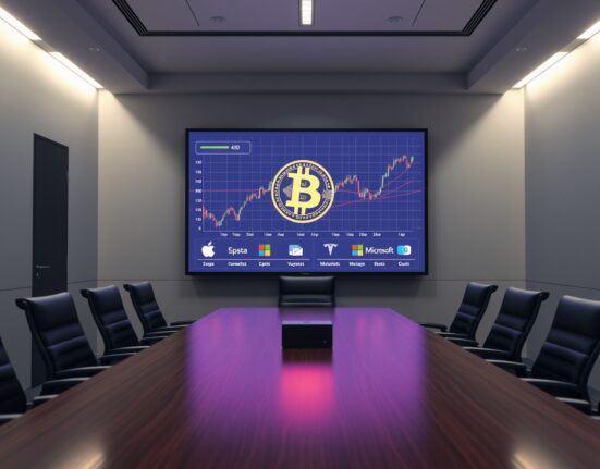Corporate boardroom with Bitcoin chart and tech company logos on screen