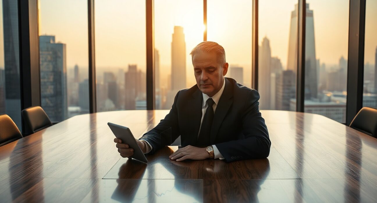 Michael Saylor in a boardroom reviewing Bitcoin and stock charts on a tablet