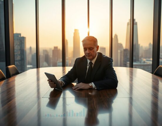Michael Saylor in a boardroom reviewing Bitcoin and stock charts on a tablet