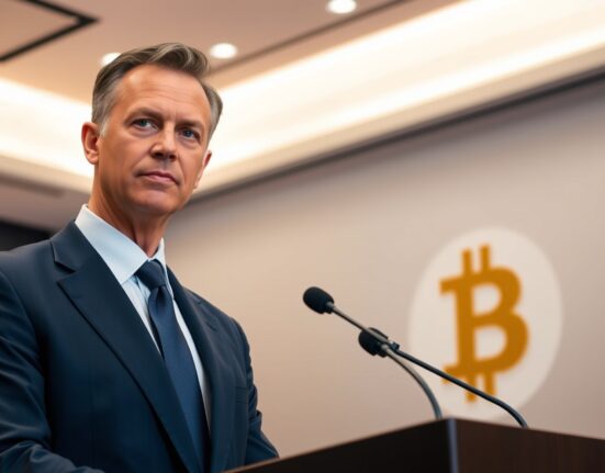 Michael Saylor at a podium with a Bitcoin logo in the background, speaking about Bitcoin neutrality.