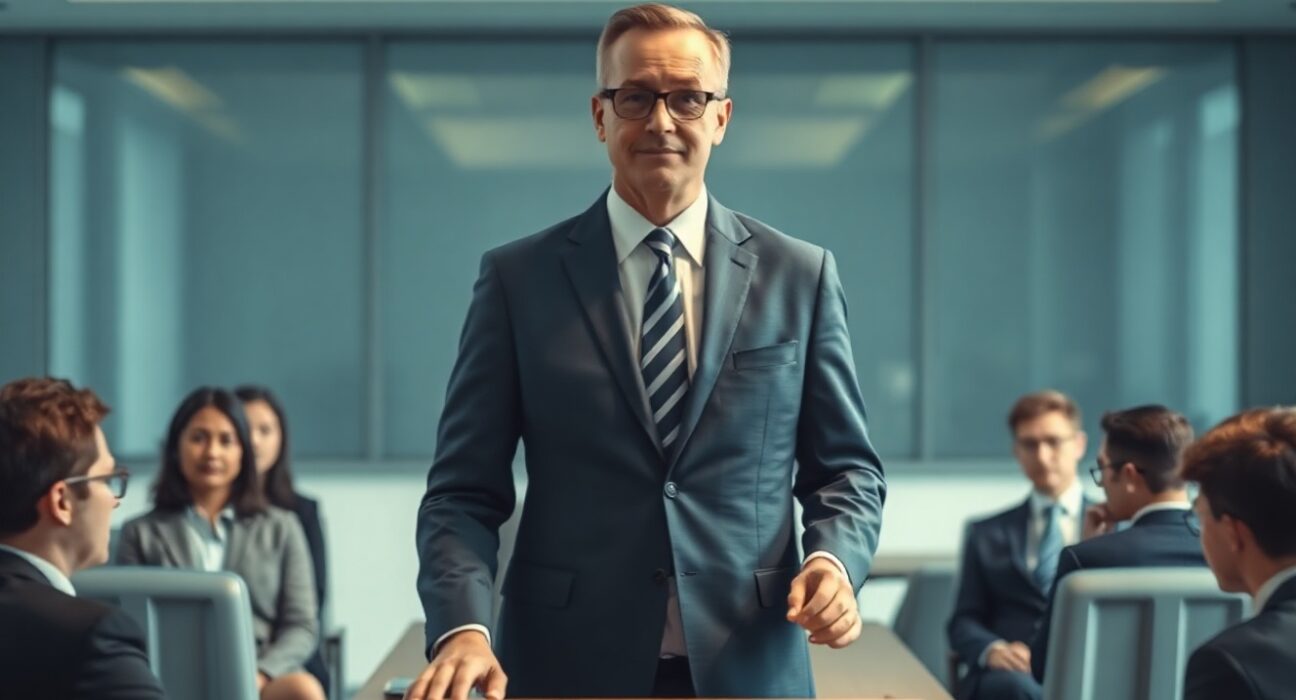 Michael Saylor speaking at a podium in a modern corporate boardroom setting.