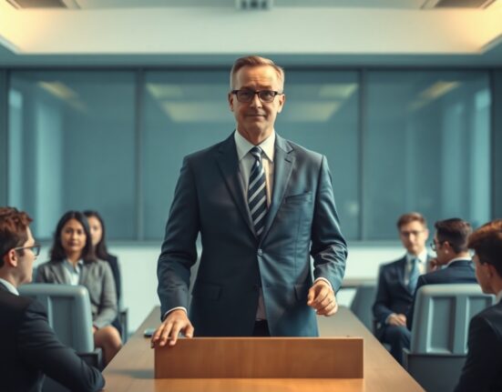 Michael Saylor speaking at a podium in a modern corporate boardroom setting.
