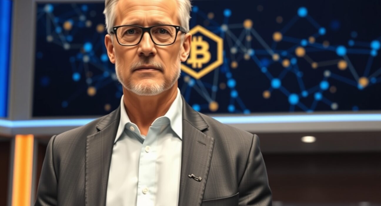 Michael Saylor speaking at a conference with blockchain graphics on a screen behind him.