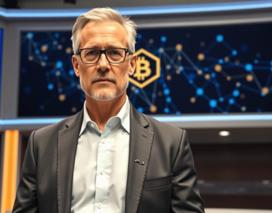 Michael Saylor speaking at a conference with blockchain graphics on a screen behind him.