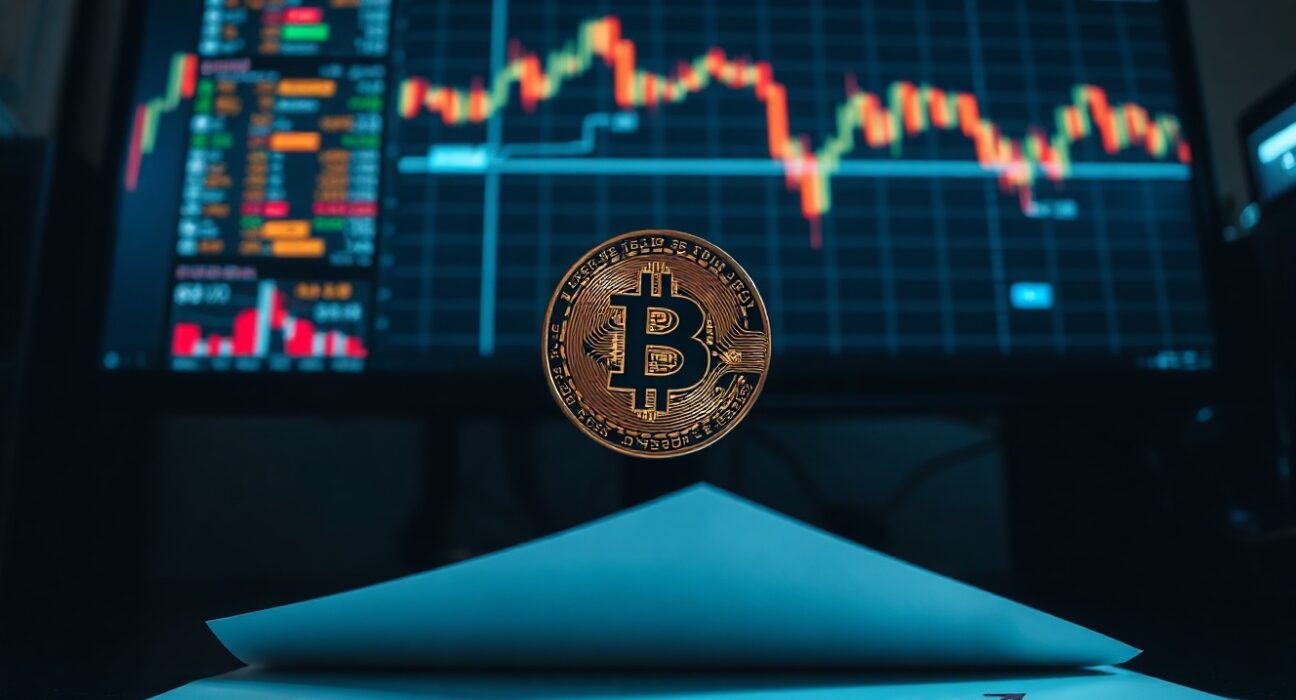 Bitcoin coin on a financial chart with a downward trend in a modern office setting