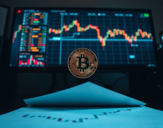 Bitcoin coin on a financial chart with a downward trend in a modern office setting
