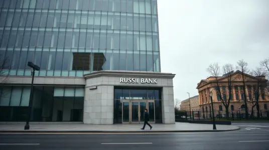 Exterior of a large Russian bank headquarters in Moscow after Sberbank joined the central bank's crypto exchange register
