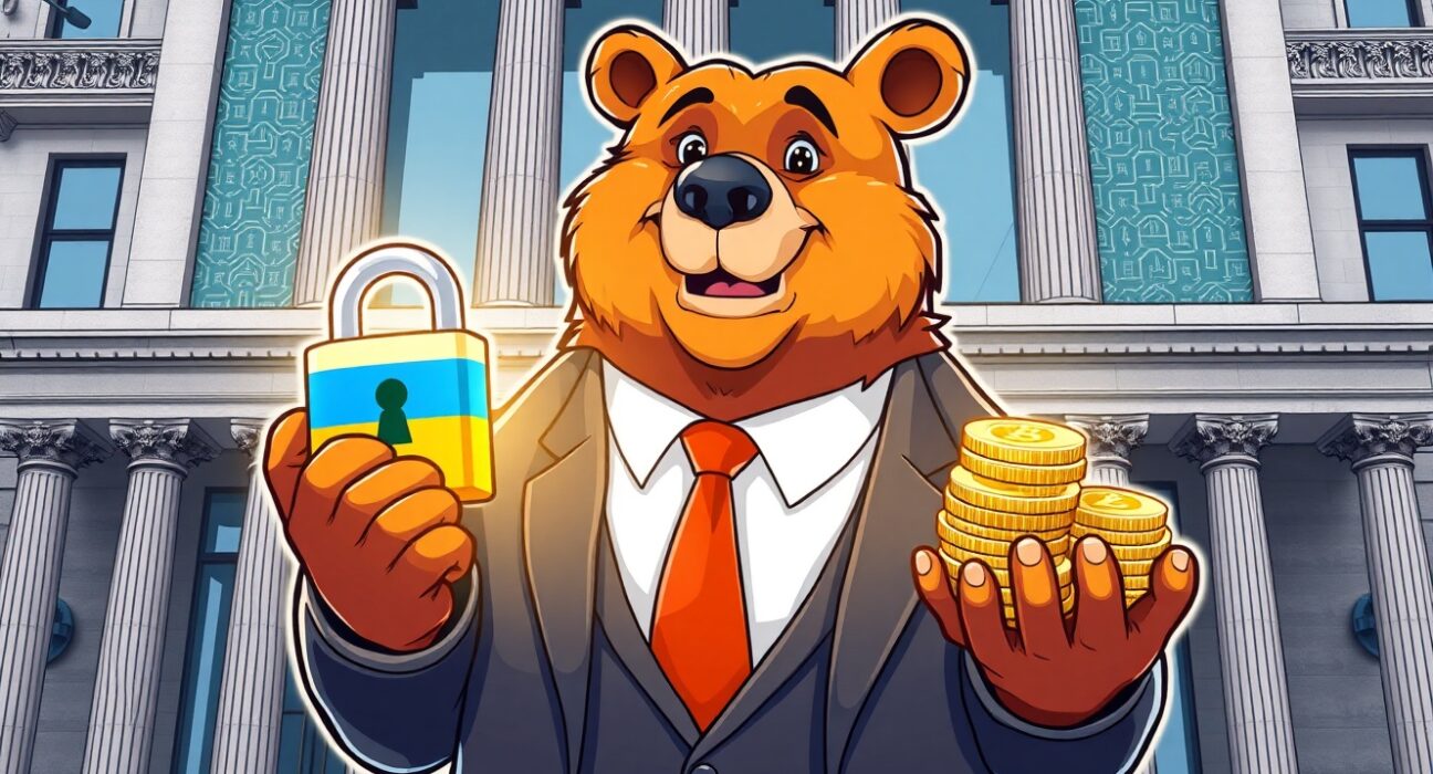 A cartoon illustration of a bear banker offering crypto-backed loans, symbolizing Russia's Sberbank entering digital finance.
