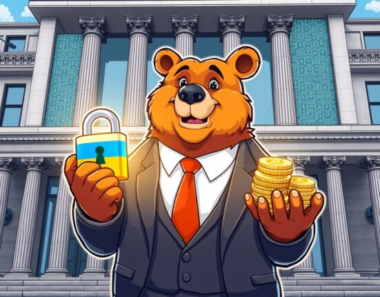 A cartoon illustration of a bear banker offering crypto-backed loans, symbolizing Russia's Sberbank entering digital finance.