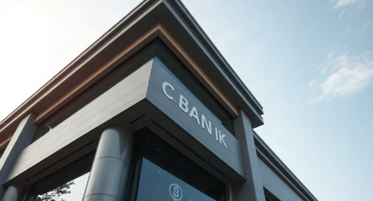 Sberbank building with digital cryptocurrency symbols reflected on glass facade