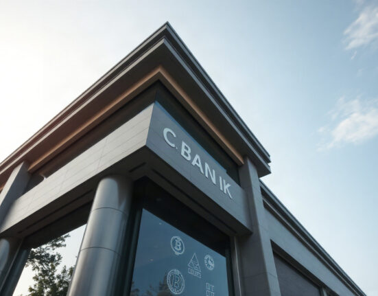 Sberbank building with digital cryptocurrency symbols reflected on glass facade