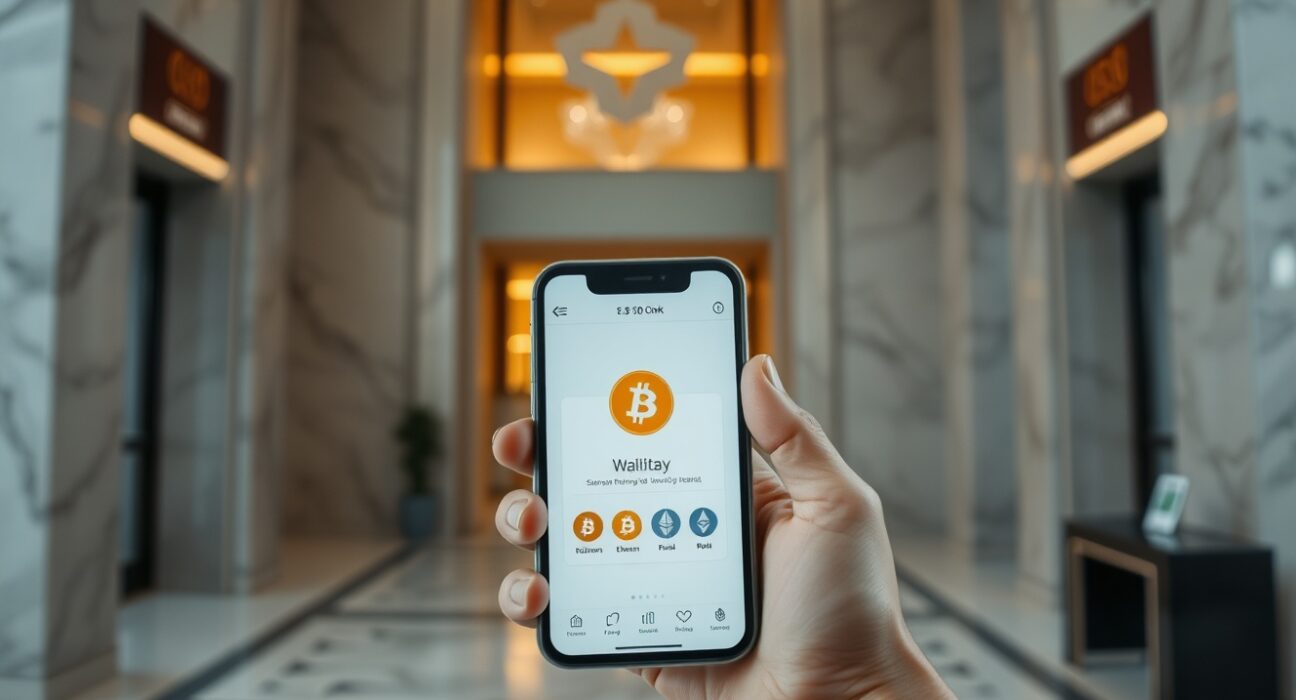 Hand holding smartphone with cryptocurrency wallet app interface on screen in bank setting