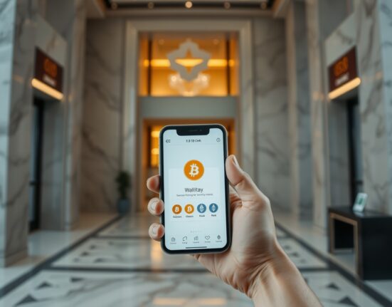 Hand holding smartphone with cryptocurrency wallet app interface on screen in bank setting