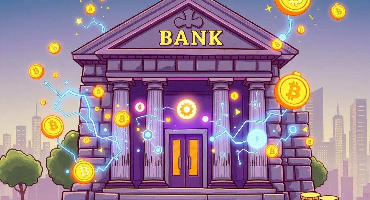 Sberbank DeFi initiative illustrated as a traditional bank merging with digital blockchain technology.