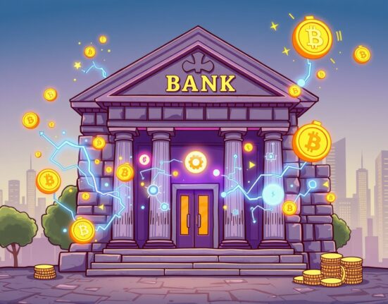 Sberbank DeFi initiative illustrated as a traditional bank merging with digital blockchain technology.