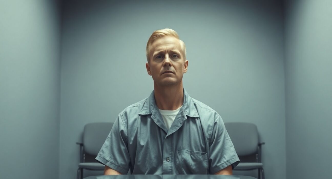 Sam Bankman-Fried in prison uniform seated in a meeting room, looking serious.