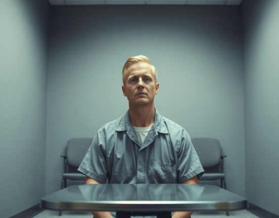 Sam Bankman-Fried in prison uniform seated in a meeting room, looking serious.