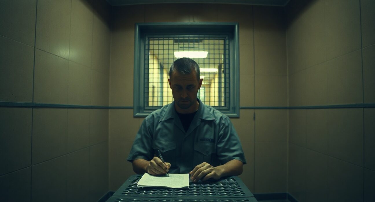 Sam Bankman-Fried in prison uniform sitting at a table with a notepad, planning a new cryptocurrency